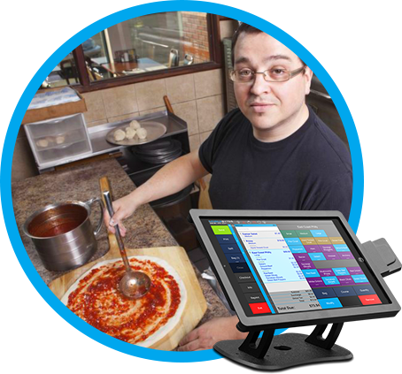 Pizzeria POS option with man making pizza